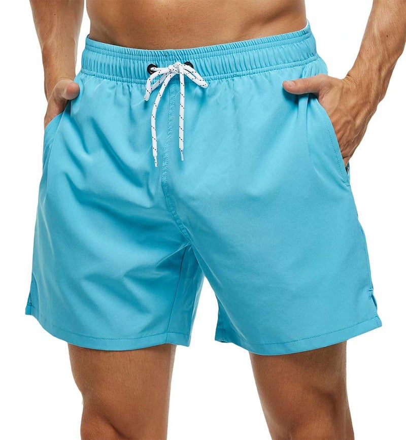 Tyhengta Men's Stretch Swim Trunks Quick Dry Beach Shorts with Zipper Pockets and Mesh Lining Sky-Blue 32 - Image 1